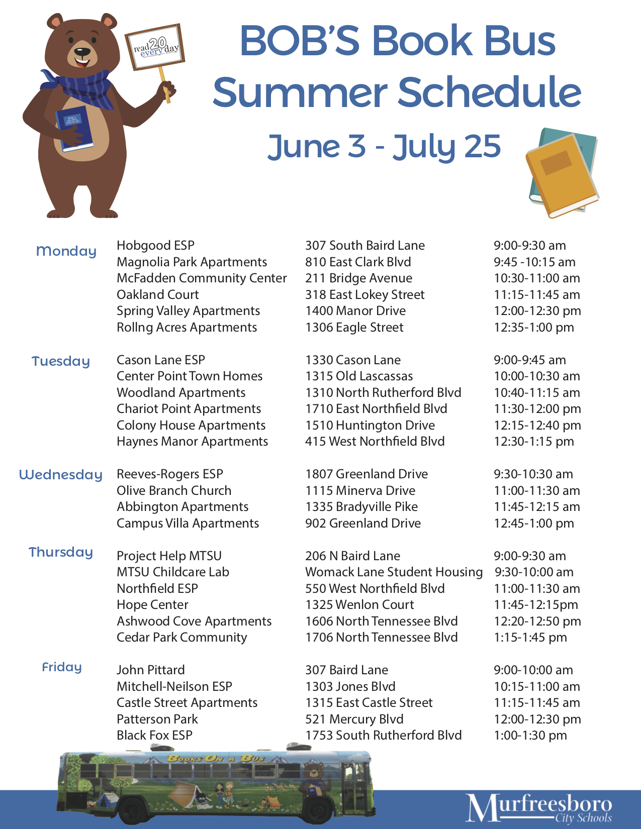 Murfreesboro Book Bus Summer 2019 Schedule