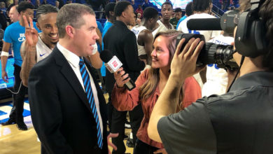 MTSU College of Media and Entertainment senior Kaitlyn Runion interviews MTSU men’s basketball coach Nick McDevitt