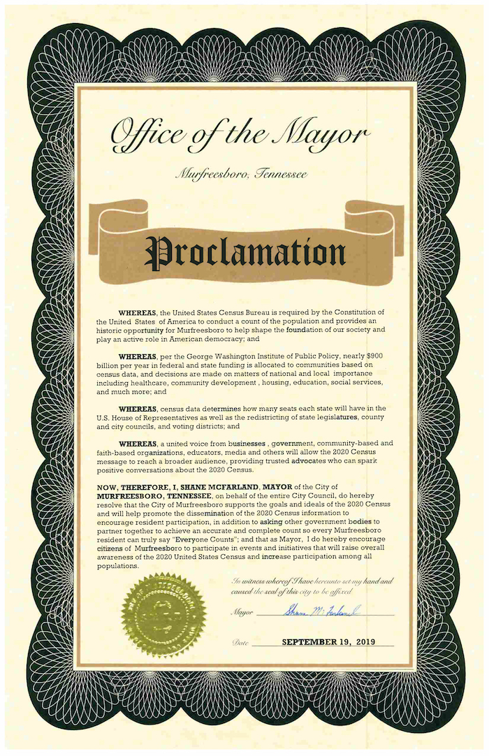 Murfreesboro 2020 Census Proclamation