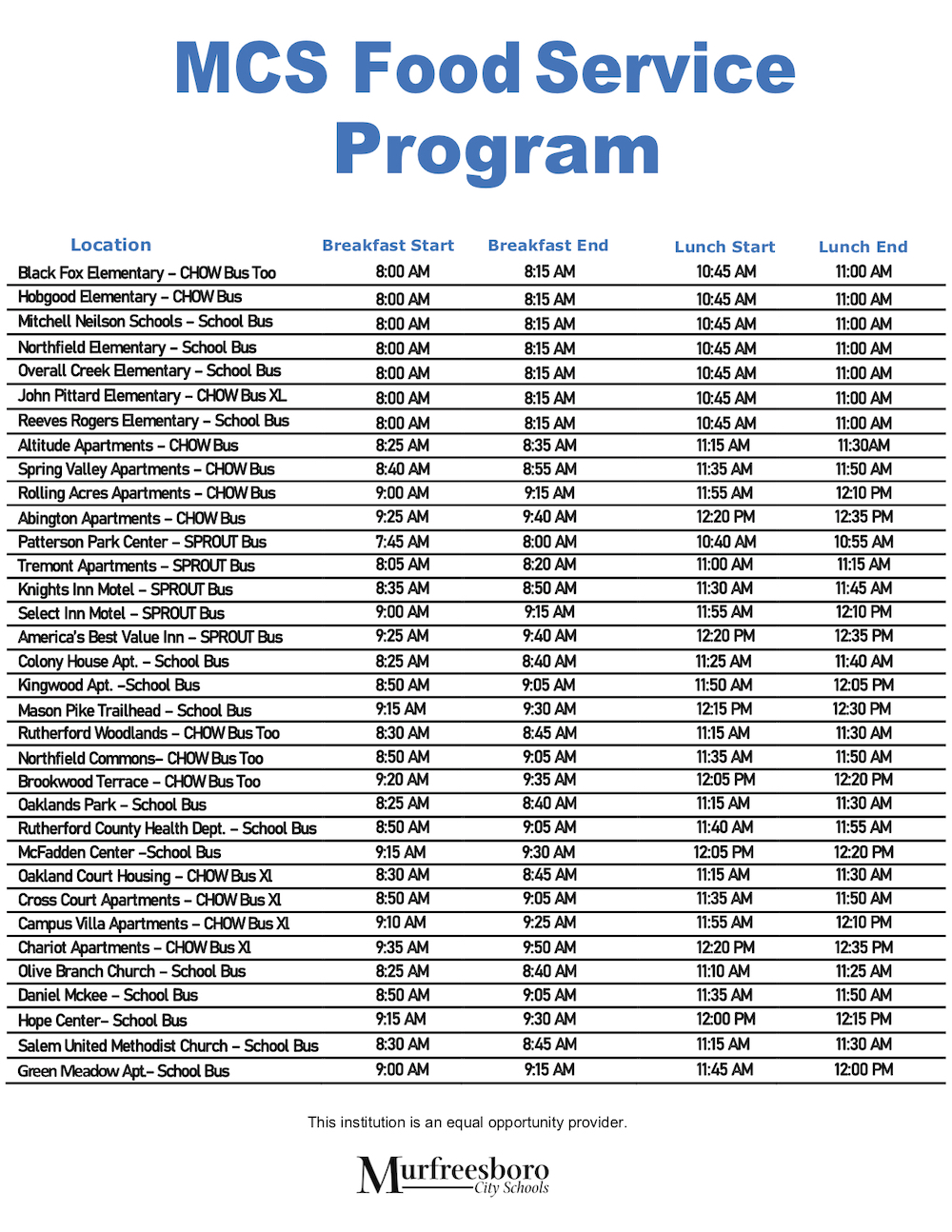 Murfreesboro CHOW Bus Feeding Sites