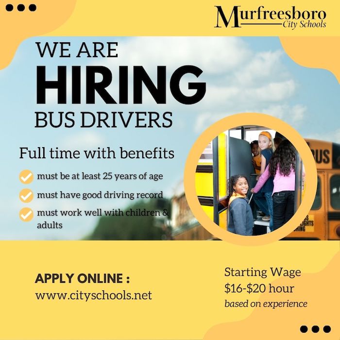 Murfreesboro City Schools Hiring Bus Drivers