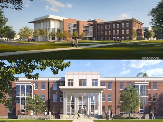 Architectural renderings of the renovated Kirksey Old Main and Rutledge Hall at MTSU in Murfreesboro, Tennessee