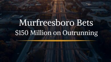 Aerial view of a parkway corridor through Murfreesboro, Tennessee at golden hour, illustrating the planned Stonesbattle Parkway.