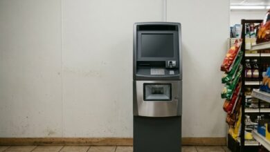 An unbranded self-service kiosk with a dark screen standing against a wall in a convenience store