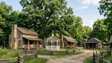 A historic pioneer heritage village with log cabins and a gazebo