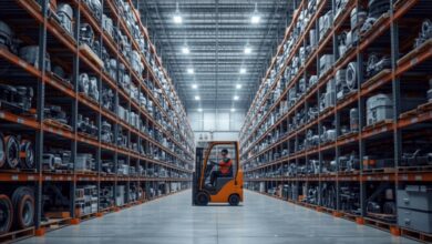 Interior of a large modern parts-distribution warehouse with organized steel shelving