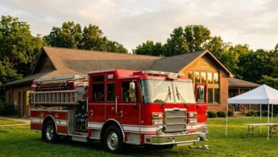 A fire engine parked on the lawn beside a community center on a summer evening