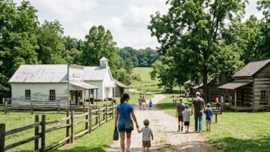 Parents and children walking a gravel path past a log cabin and white clapboard buildings at a restored Tennessee pioneer village (illustrative)
