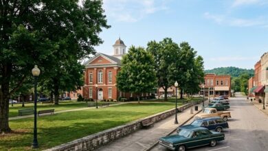 A Middle Tennessee county-seat town square on a summer morning (illustrative)