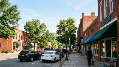 Red brick storefronts with awnings and angled parking along a shaded Middle Tennessee downtown street on a summer morning (illustrative)