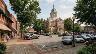 Historic brick courthouse with a clock tower on a small-town Southern square lined with storefronts and shade trees (illustrative)