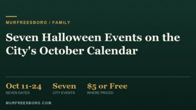Editorial graphic listing Murfreesboro's seven city-run Halloween events for October 2026 (illustrative)