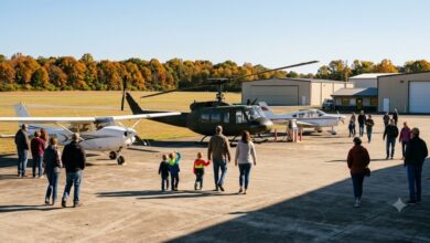 Families walking among parked aircraft at a regional airport open house (illustrative)