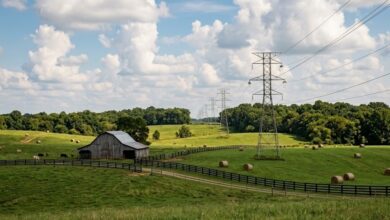 Rolling Middle Tennessee farmland with a barn, hay bales and high-voltage transmission lines, illustrating the rural land and grid capacity at issue in Rutherford County's data center moratorium debate (illustrative)