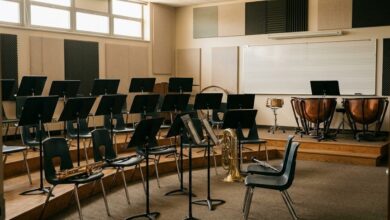 An empty public school band room with music stands, chairs on risers and percussion instruments, illustrating Rutherford County Schools' music education programs (illustrative)