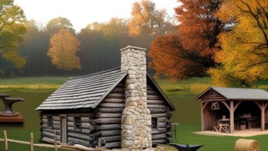 Log cabin with a stone chimney and an open blacksmith shed at a restored Middle Tennessee pioneer village on an autumn morning (illustrative)