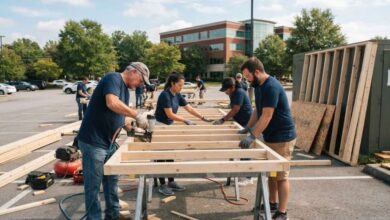 Volunteers framing wooden wall panels in a parking lot for a Habitat for Humanity home (illustrative)
