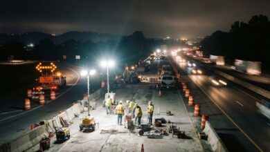 Night road crew repairing concrete joints in an I-24 work zone with a closed exit ramp in Rutherford County (illustrative)