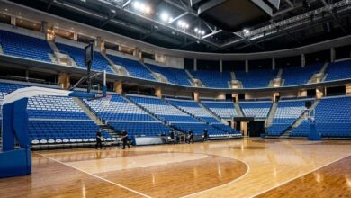 College basketball arena with blue seats before a Blue Raiders game in Murfreesboro (illustrative)