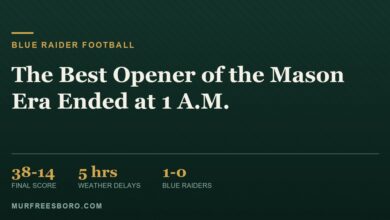 J3 Media editorial graphic reading The Best Opener of the Mason Era Ended at 1 A.M. with the final score 38-14, five hours of weather delays and a 1-0 Blue Raiders record (illustrative)