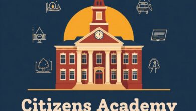 Illustrative civic graphic of a city hall with a clock tower ringed by icons for city departments, representing the second annual City of Murfreesboro Citizens Academy (illustrative)