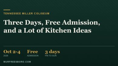 J3 Media editorial graphic for the Murfreesboro Home Expo, October 2 to 4 2026 at Tennessee Miller Coliseum with free admission (illustrative)