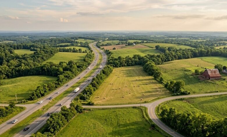 Aerial view of an interstate highway cutting through rolling Middle Tennessee farmland and hay fields (illustrative)