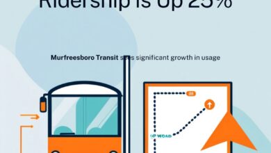 Illustrative transit graphic of a city bus at a shelter with a route map and upward trend arrow, representing rising Murfreesboro Transit ridership in 2026 (illustrative)