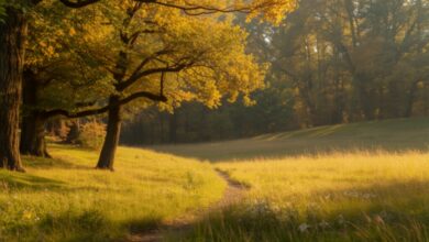 Sunlit hardwood trees and a mown trail through an autumn meadow at a Middle Tennessee park (illustrative)