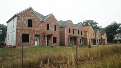 A row of unfinished brick townhouses with empty window openings behind a lot of tall overgrown grass, illustrating the stalled North Spring Street townhome development in Murfreesboro (illustrative)
