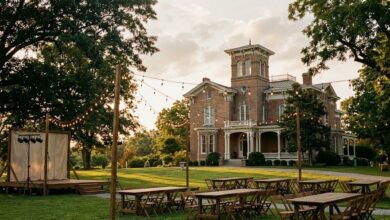 Trestle tables and string lights set up for an evening festival on the lawn of a 19th-century brick mansion in Middle Tennessee (illustrative)
