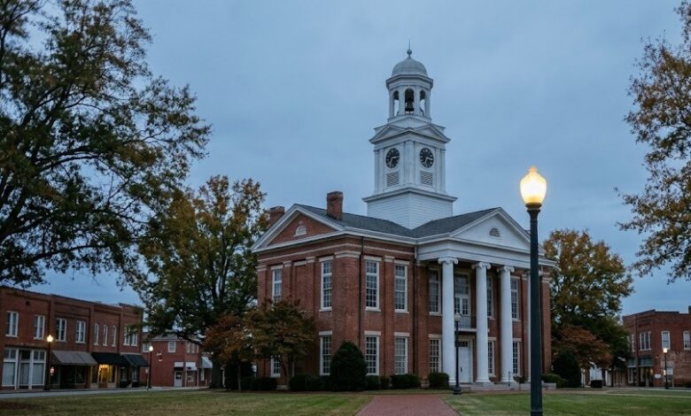 Historic red brick county courthouse with a white clock tower on a quiet Middle Tennessee town square at dusk (illustrative)