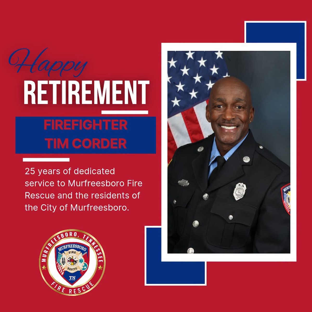 Murfreesboro Firefighter Tim Corder Retires After 25 Years of Service