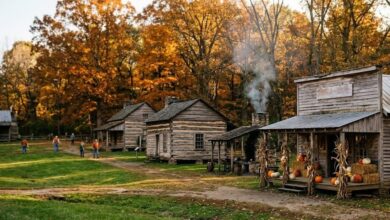 Pumpkins and hay bales on a wooden porch in a heritage village in autumn (illustrative)