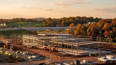 Steel framing of a new business park building near an interstate in Middle Tennessee (illustrative)