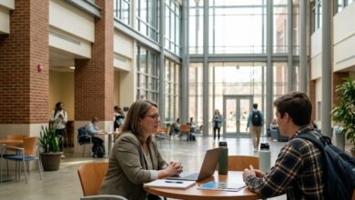 Career coach meeting a student in a sunlit university atrium in Murfreesboro (illustrative)