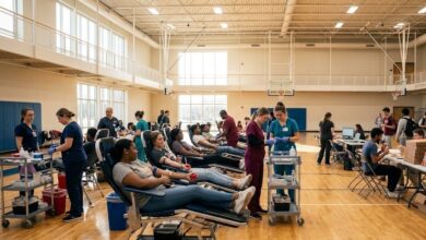 Blood donors and volunteers in a college gym during a campus blood drive (illustrative)