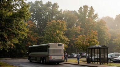 Commuter coach bus at a suburban lot on an autumn morning in Middle Tennessee (illustrative)