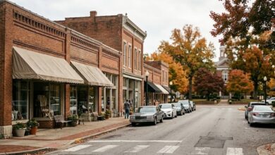 Historic brick storefronts on a downtown street in a Middle Tennessee town in autumn (illustrative)