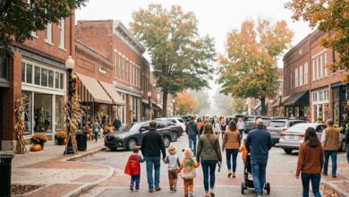 Families strolling a Middle Tennessee town square in autumn (illustrative)