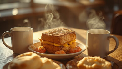 Breakfast table with stuffed French toast, shrimp and grits and biscuits (illustrative)
