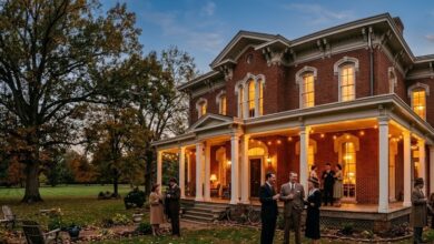 Costumed guests on the porch of a historic brick mansion at dusk (illustrative, AI-generated)