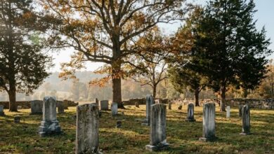 Weathered headstones under autumn oaks in a historic Middle Tennessee cemetery (illustrative)