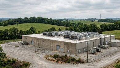 Large industrial building beside Middle Tennessee farmland and power lines (illustrative)
