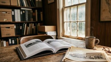 Local history book open beside old town-square photographs (illustrative)