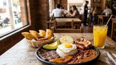 Colombian bandeja paisa platter with empanadas and passion-fruit juice (illustrative)