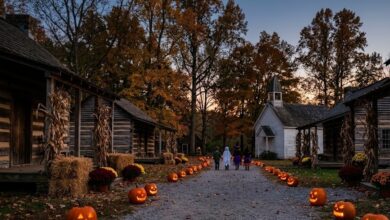 Jack-o-lanterns line a gravel path through a restored pioneer village at dusk in late October (illustrative)