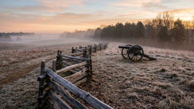 A split-rail fence and a cannon on a misty battlefield at sunrise, with red cedars behind.