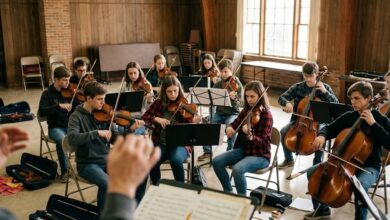 Teenage string players rehearsing in a youth chamber orchestra (illustrative, AI-generated)